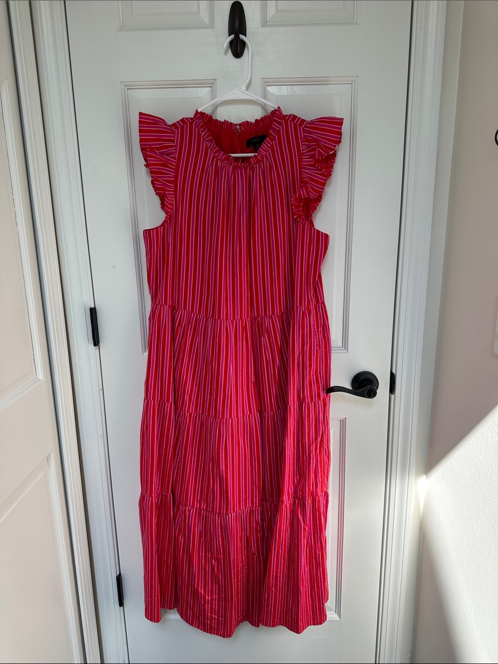 J. Crew Pink Striped Ruffle-Sleeve Tiered Maxi Dress